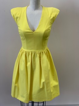 FRENCH CONNECTION, Yellow, Cotton, Elastane, Solid, V Neck, Cap Sleeves, Fitted Bodice, Gathered Full Skirt, Hidden Side Pckts, Back Zip, Hem Above Knee