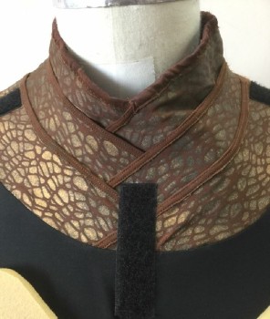 Mens, Historical Fiction Tunic, BILL HARGATE, Brown, Faded Black, Gold, Pewter Gray, Synthetic, 40, S/S, Brown Shoulders & Neck with Gold Irregular Spots, Black Solid Stretch Chest, 2 Rectangle Square Beige Foam Pads at Chest, Mottled Gold Textured Leather Waist and Peplum, Hanging Panels of Gold Metallic Textured Vinyl, Rectangle with Hieroglyphics Pattern On Center Panel, Zip Back