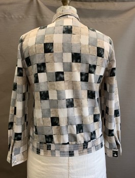 Womens, Blouse, ALFRED DUNNER, Off White, Gray, Black, Beige, Polyester, Check , B:42, C.A., 1/2 B.F., 1 Covered Button, Hidden Placket, Padded Shoulders, L/S, Elastic Hem 