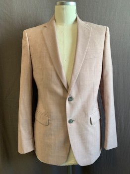 CALVIN KLEIN, Dusty Rose Pink, Wool, Polyester, Solid, Notched Lapel, 2 Buttons, Gray Lining, 3 Pockets,
