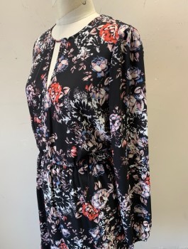 Womens, Dress, Long & 3/4 Sleeve, AQUA, Black, White, Periwinkle Blue, Lt Pink, Coral Orange, Polyester, Floral, S, Chiffon, Long Sleeves, Round Neck with Keyhole Center Front, Elastic Waist, Hem Above Knee