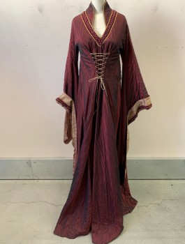 Womens, Historical Fiction Dress, N/L MTO, Red Burgundy, Polyester, B:32, Self Dot Textured Taffeta, Long Gothic Sleeves, Gold and Bronze Metallic Trim, Burgundy Velvet Beaded Trim at V-Neck and Sleeve Openings, Stand Collar, Floor Length, Gold Lacing at Waist