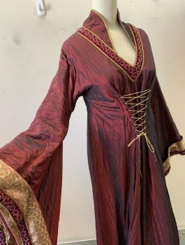 N/L MTO, Red Burgundy, Polyester, Self Dot Textured Taffeta, Long Gothic Sleeves, Gold and Bronze Metallic Trim, Burgundy Velvet Beaded Trim at V-Neck and Sleeve Openings, Stand Collar, Floor Length, Gold Lacing at Waist
