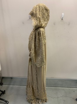 Womens, Historical Fiction Coat, N/L, Gold, Synthetic, Leaves/Vines , S/M, Lace and Netting Over Chenille Weave, 2 Gold Buttons with Ribbons at Neck But Closes with Hook & Eye, Hood, Silk Ribbons on Sleeves, Inner Cape Ties
