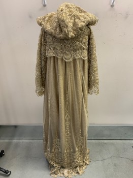 Womens, Historical Fiction Coat, N/L, Gold, Synthetic, Leaves/Vines , S/M, Lace and Netting Over Chenille Weave, 2 Gold Buttons with Ribbons at Neck But Closes with Hook & Eye, Hood, Silk Ribbons on Sleeves, Inner Cape Ties