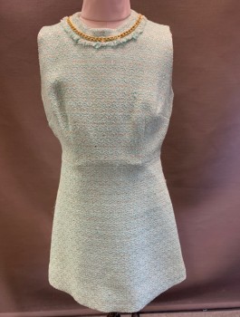 Womens, Dress, Sleeveless, KATE SPADE, Mint Green, Silver, Acrylic, Polyester, Tweed, 00, CN, Fringe Accent, Gold Chain Detail at Neck, Bk Gold Zipper.