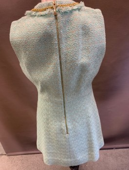Womens, Dress, Sleeveless, KATE SPADE, Mint Green, Silver, Acrylic, Polyester, Tweed, 00, CN, Fringe Accent, Gold Chain Detail at Neck, Bk Gold Zipper.