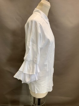 ZARA, White, Cotton, Polyamide, C.A., Button Front, 3/4 Sleeves, Ruffle Sleeves
