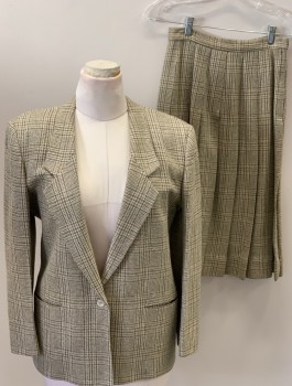 DAVID BROOKS, Brown, Camel Brown, Cream, Wool, Silk, Houndstooth, Notched Lapel, 1 Button Single Breasted, 2 Pckts,