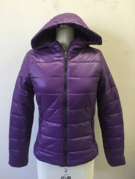 BERSHKA, Purple, Polyamide, Solid, Puffer Jacket, Fitted, Zip Front, Hooded, 2 Zip Pckts