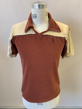 NL, Sienna Brown, Tan Brown, Black, Poly/Cotton, Color Blocking, S/S, V-N With Collar, Terry Cloth, Rib Knit