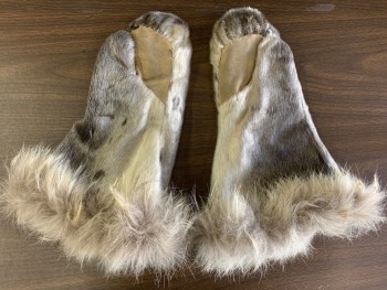 Mens, Historical Fiction Piece 1, N/L, Beige, Brown, Ivory White, Fur, Leather, Mittens, Seal Fur, Fluffy Fur At Edge, Leather Palms, Felt Lined, Made To Order,