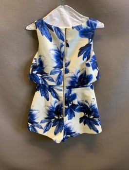Womens, Romper, KEEPSAKE, White, Blue, Polyester, Elastane, Floral, M, Attached Over Top For 2 Piece Look, Round Neck, Sleeveless, Zip Back