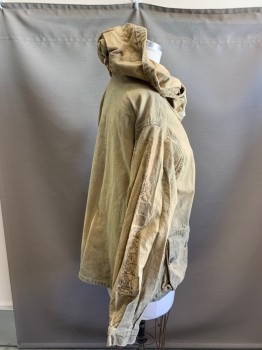 Unisex, Sci-Fi/Fantasy Jacket, N/L, Beige, Brown, Cotton, XL, Aged/Distressed,  Hood, Pullover, Pockets, Metallic 'Computer Chip" Graphic On Sleeve See Detail Photo,