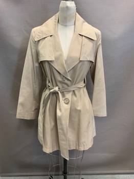 Womens, Coat, Trenchcoat, NO LABEL, Khaki Brown, Cotton, Polyester, M, With Matching Belt, C.A., Single Breasted, Button Front, 2 Pockets, Pleated Waist