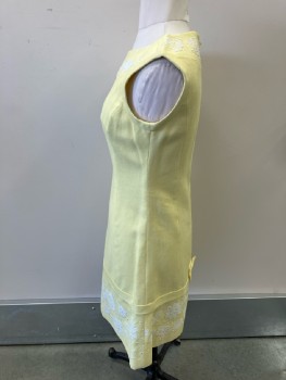 HARMAY, Pale Yellow, Round Neck, Slvls, Zip Back, White Floral Embroidery Around Neck And Hem Band