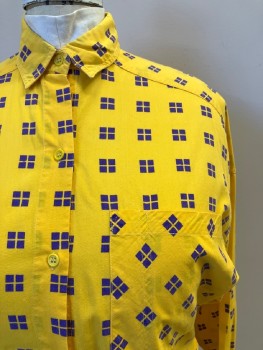 COMPANY ONE, Yellow, Purple, Cotton, Squares, Geometric, C.A., B.F., L/S, Chest Pocket, Curved Hem, Back Button Placket
