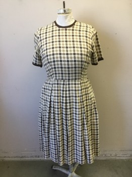N/L, Cream, Taupe, Brown, Cotton, Nylon, Houndstooth, BARCODE UNDER LEFT ARM. Bold Novelty Hounds Tooth Printed Cotton.. Crew Neck & Short Sleeves with Brown Webbing Trim. Skirt Pleated to Waist. Zipper Center Back, Some Discoloration Stains at Armpits