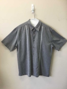 CAFE LUNA, Gray, White, Polyester, Heathered, Button Front, Collar Attached, Short Sleeves, with White Inlay Panel at Front