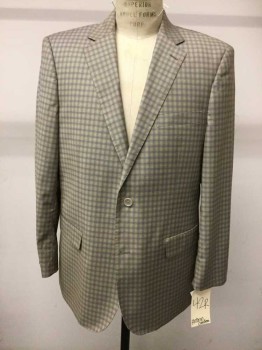 Mens, Sportcoat/Blazer, Antonio Cardinni, Khaki Brown, Blue, White, Wool, Silk, Plaid, 42 R, 2 Buttons,  Single Breasted, Notched Lapel, Hand Picked Collar/Lapel, 3 Pockets,