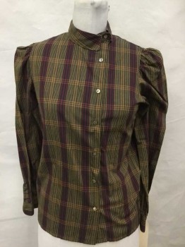 FENN WRIGHT & MANSON, Olive Green, Black, Red, Goldenrod Yellow, Cotton, Plaid, Collar Attached,  Button Front, Long Sleeves,
