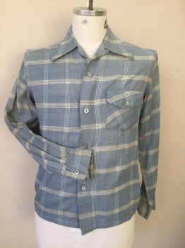 Mens, Casual Shirt, N/L, Lt Blue, White, Cotton, Stripes, Heathered, 16, L, Heathered Light Blue with Triple Windowpane Stripes, Long Sleeves, Button Front, Collar Attached, 1 Flap Pocket