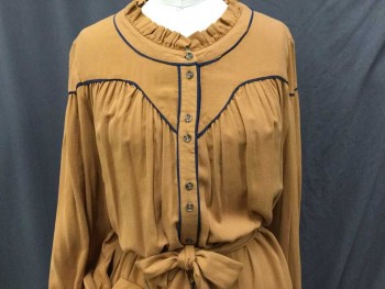 Womens, Dress, Long & 3/4 Sleeve, FREE PEOPLE, Brown, Navy Blue, Rayon, Solid, S, Camel Brown with Navy Trim, Round Neck & Hem W/self Ruffle Trim, Yoke Front & Back, Button Front, W/self Detached BELT