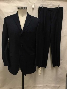 BURBERRY, Navy Blue, Gray, White, Wool, Stripes - Pin, Navy with White/gray Pinstripes, Pleated