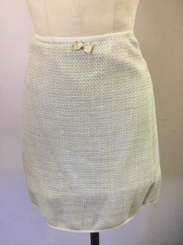 ELIE TAHARI, White, Lt Gray, Gray, Wool, Cotton, Speckled, White with Light Gray and Gray Weave, Hem Above Knee, Tiny Bow at Center Front Waist, 3/8" White Grosgrain Waistband,  Invisible Zipper at Side