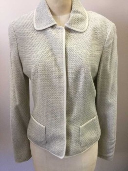 ELIE TAHARI, White, Lt Gray, Gray, Wool, Cotton, Speckled, White with Light Gray and Gray Weave, Hem Above Knee, Tiny Bow at Center Front Waist, 3/8" White Grosgrain Waistband,  Invisible Zipper at Side
