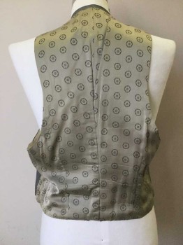 N/L, Lt Gray, Gray, Black, Cream, Wool, Rayon, Stripes, Floral, Distressed Vest. Aged at V Neck. 6button Single Breasted. Wool Pinstripe Front with Light Gray Floral Medallion Satin Brocade Back with Muslin  Lining. 4 Welt Pockets,