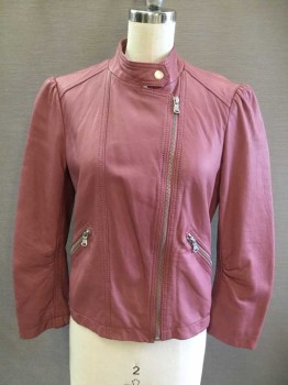 REBECCA TAYLOR, Mauve Pink, Leather, Solid, Motorcycle Jacket, Zip Front, Tab Snap Collar, 2 Zip Pockets, Gathered Sleeve Inset, Button Tab Sleeve Hem
