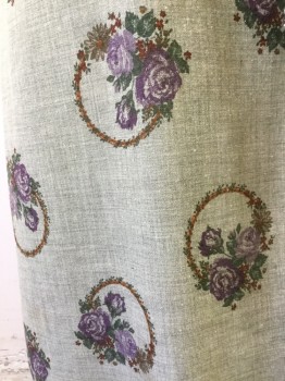 NL, Lt Gray, Purple, Dk Green, Brown, Wool, Synthetic, Floral, Heathered, Heathered Wool Broadcloth with Purple Rose Print and Brown Wreath. Cawl Neck, 3/4 Sleeves with Matching Self Tie. No Zipper. Pilly at Front and  at Tie. Stain at Front Right Cawl