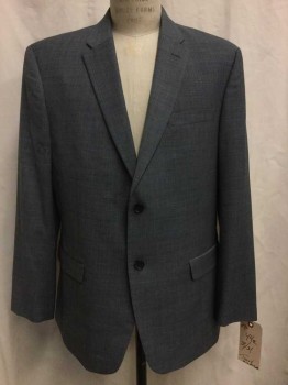 Mens, Suit, Jacket, TOMMY HILFIGER, Heather Gray, Black, Blue, Wool, Synthetic, Heathered, Plaid-  Windowpane, 44R , Heather Gray. Black/ Blue Window Pane, Notched Lapel, 2 Buttons,