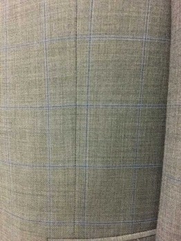 Mens, Suit, Jacket, TOMMY HILFIGER, Heather Gray, Black, Blue, Wool, Synthetic, Heathered, Plaid-  Windowpane, 44R , Heather Gray. Black/ Blue Window Pane, Notched Lapel, 2 Buttons,