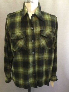 WOODLAND, Green, Olive Green, Moss Green, Black, Wool, Plaid, Button Front, Collar Attached, Long Sleeves, 2 Pockets,