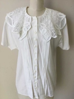 APART, White, Rayon, Polyester, Solid, Button Front, Short Sleeves, Lace Scallopped Oversized Peter Pan Collar, Vertical Pleats From Shoulders