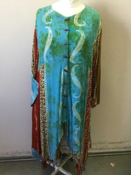Womens, Dress, Long & 3/4 Sleeve, GAZAPATI, Turquoise Blue, Olive Green, Brown, Dk Red, White, Rayon, Floral, XXL, Wide V-neck, Wooden Barrel Button Front, 3/4 Sleeves, Uneven Hem W/fringe