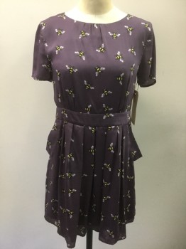 Womens, Dress, Short Sleeve, JUICY COUTURE, Dusty Purple, Yellow, Black, Lavender Purple, Polyester, Novelty Pattern, 6, Round Neck, Button Back Close, Short Sleeves, Waistband Insert, 2 Pockets, Gathers at Neck Edge, Pleated Short Skirt, Womens 6 or Girls 14