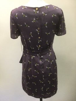 Womens, Dress, Short Sleeve, JUICY COUTURE, Dusty Purple, Yellow, Black, Lavender Purple, Polyester, Novelty Pattern, 6, Round Neck, Button Back Close, Short Sleeves, Waistband Insert, 2 Pockets, Gathers at Neck Edge, Pleated Short Skirt, Womens 6 or Girls 14