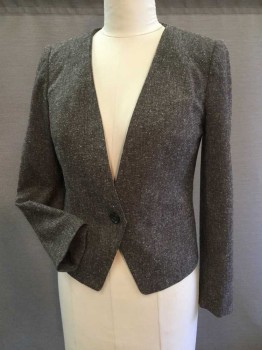 Womens, Suit, Jacket, WORTHINGTON, Dk Brown, Cream, Polyester, Spandex, Tweed, M, 1 Button Single Breasted, V Neck, 2 Faux Pocket Slits
