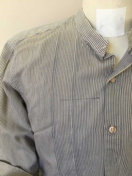 N/L, Cream, Navy Blue, Poly/Cotton, Stripes, Working Class. 2 Button Placket with Button Missing From Torn Collar Band Bib Front with Pleat Detail. Long Sleeves with  Cuffs. Collar Band at Neck,
