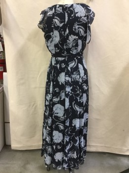 TOMMY HILFIGER, Navy Blue, Baby Blue, Polyester, Floral, Long Dress, Navy Western, Baby Blue, White Floral Print, Dark Navy Lining, Gathered Round Neck,  Ruffle Cap Sleeves, 1" Waistband, Flair Bottom