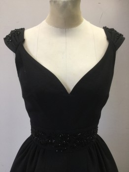CANDICE QUINN, Black, Polyester, Cotton, Solid, Floral, Sleeveless, Faille, Sweetheart Neckline, Jet Beads in Floral Pattern at Waist and Shoulder Straps, Center Back Zipper, Retro 1950s