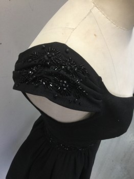CANDICE QUINN, Black, Polyester, Cotton, Solid, Floral, Sleeveless, Faille, Sweetheart Neckline, Jet Beads in Floral Pattern at Waist and Shoulder Straps, Center Back Zipper, Retro 1950s