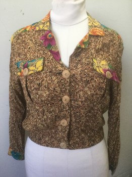 Womens, Blouse, CAROLE LITTLE, Multi-color, Brown, Magenta Pink, Beige, Orange, Rayon, Abstract , Floral, Sz.8, Busy Brown and Black Abstract Pattern, with Accents of Colorful Floral, Crinkled Gauze Material, Long Sleeves, 3 Patterned Wood Buttons, Notched Lapel, 2 Patch Pockets