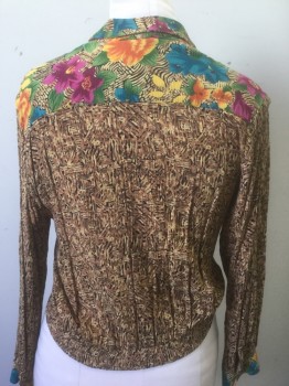 Womens, Blouse, CAROLE LITTLE, Multi-color, Brown, Magenta Pink, Beige, Orange, Rayon, Abstract , Floral, Sz.8, Busy Brown and Black Abstract Pattern, with Accents of Colorful Floral, Crinkled Gauze Material, Long Sleeves, 3 Patterned Wood Buttons, Notched Lapel, 2 Patch Pockets