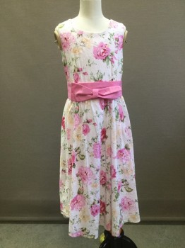 SECRET CHARM, White, Pink, Peach Orange, Green, Cotton, Floral, Sleeveless, Gathered Skirt, Belt Loops, BELT with Attached Bow Buttons in Back, Back Zipper, Multiple
