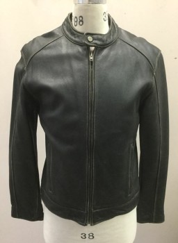 Mens, Leather Jacket, DANIER, Black, Leather, Solid, S, Zip Front, Round Neck with 1" Wide Neck Band, 2 Pockets, Zippers at Cuffs, Beige Cotton Twill Lining