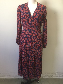 Womens, Dress, Long & 3/4 Sleeve, REFORMATION, Navy Blue, Coral Pink, Green, Viscose, Floral, M, Navy with Coral and Green Roses Pattern, Chiffon, Long Sleeves, Wrap Dress, Maxi Length, Elastic Cuffs